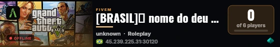 [BRASIL]💎 nome do deu server 💎|📋WHITELIST📋| 🎉SERVER NOVO🎉  💸50K Inicial💸 |🔫Facs e Orgs🔫|👮🏾PM,ROTA👮🏾|🚑 SAMU🚑 | 🏆https://discord.gg/YvCwq6n🏆 | live status badge