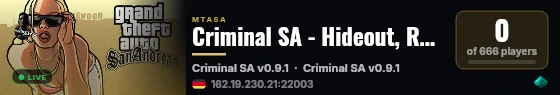 Criminal SA - Hideout, Robberys, Custom Wheels/Skins and more! .gg/AqCrraUKf2 Inspiration by CIT live status badge