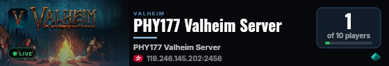 PHY177 Valheim Server live status badge