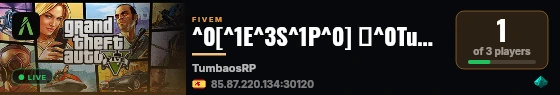 ^0[^1E^3S^1P^0] 💥^0Tumbaos RP💥 - ^6NO WHITE LIST ^0| 💲^2200.000 INICIO💲 ^0| 🎰^1CASINO🎰 ^0| 🎓UNIVERSIDAD🎓 ^0| 💰^3BANDAS GRATIS💰 ^0| 💊^1DROGAS SECRETAS💊 ^0| ^3EVENTOS ^0| ^6discord.gg/tumbaosrp ^0[^2L^5A^1T^0] live status badge
