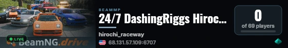 24/7 DashingRiggs Hirochi Raceway live status badge