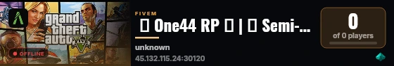  ✨ One44 RP ✨ | 🔥 Semi-Serious RP 🔥 | 🚓 Active PD & EMS 🚓 | 🏦 Player Owned Businesses 🏦 | 🧭 Active Staff Team 🧭 live status badge