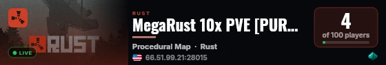 MegaRust 10x PVE [PURGE|Events|Sky+WaterBases|SkillTree|More] live status badge