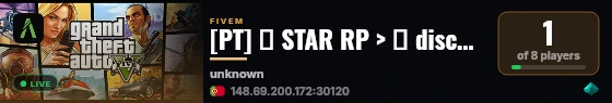 [PT] ⭐ STAR RP > 🔊 discord.gg/STARRP | 🤍Eleva o teu Nível! | 💙 Servidor Completo & Otimizado | 🧬Varias Empresas / Organizações >>  Servidor Optimizado live status badge