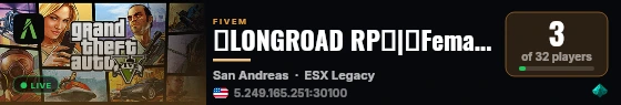 👿LONGROAD RP😈|🎀Female & Streamer Freanly🎀|💰250k Starting Cash💰|🔫#1 Competitive Gang Server🔫|💼Hiring Police & Staff💼|💧Custom clothes💧|🚗Custom Vehicles🚗|💊Custom Drugs💊|🦺🚓Active Staff & LSPD🦺🚓|📊High Preformance📊| live status badge