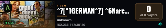 ^7[^1GERMAN^7] ^6Narcotrololocal ^0| ^4Roleplay mit Niveau ^0| ^4🛡️IC Einreise ^0| ^6Fraktionen^0/^2Legale^0/^1Illegale ^6Routen^0 ^0| ^6🔥HIGH PERFORMANCE🔥 ^0|  live status badge