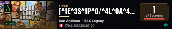 [^1E^3S^1P^0/^4L^0A^4T^0] ^0RetornoRP^0 | ^1🔪Mafias/Bandas🔪^0 | ^2💲30k Bienvenida💲^0 | ^3🔓No Whitelist🔓^0 | ^6👕Ropa Real👕^0 | ^3🚘Coches Reales🚘^0 | ^4👮🏾LSPD👮🏾^0/^1🚑EMS🚑^0/🔧Mecanicos🔧/^3🚖Taxis🚖^0 | ^3🎲Eventos🎲^0 | ^8🔋Staff 24/7🔋^0 | live status badge