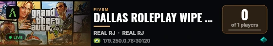 DALLAS ROLEPLAY WIPE HOJE 🡺 orgs • facs livres • eventos diários 🡸VERDADEIRO RP live status badge
