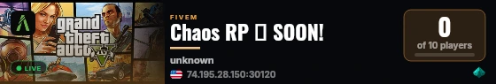 Chaos RP → SOON! live status badge