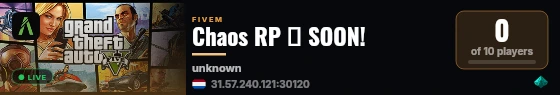 Chaos RP → SOON! live status badge