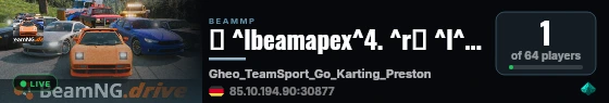 ⚡ ^lbeamapex^4. ^r❙ ^l^cRace ^r❙ ^l^6TeamSport Go Karting Preston ^r❙ ^l^cAutomatic Races ^r^l^6•^l ^cStats ^r❙ ^l^6by ^fbeamsharp^r^l^4. ^r❙ ^7BeamApex:BeamSharp:Beam#:Rigged:Racing live status badge