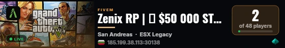 Zenix RP | 💸 $50 000 START BONUS 💸 | 👮‍♂️ STAFF TEAM 👮‍♂️ | ☠️ DRUGS ☠️ | 🚨 ROBBERY SYSTEM 🚨 live status badge
