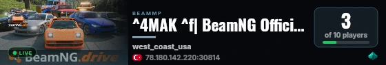 ^4MAK ^f| BeamNG Official Server |#1| ^2YES MODS^f | ^3İSOV live status badge