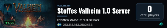 Stoffes Valheim 1.0 Server live status badge
