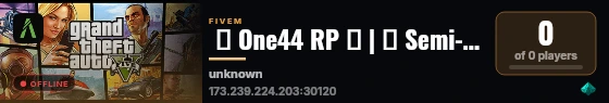 ✨ One44 RP ✨ | 🔥 Semi-Serious RP 🔥 | 🚓 Active PD & EMS 🚓 | 🏦 Player Owned Businesses 🏦 | 🧭 Active Staff Team 🧭 live status badge