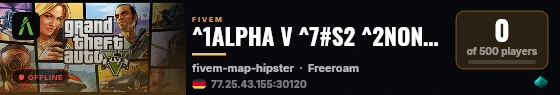 ^1ALPHA V ^7#S2 ^2NON WHITELIST ^7| ^3Aile Yardımları Aktif ^7|| ^5Yetkili Ekip Alımları Açık ^7| ^3discord.gg/alphav live status badge
