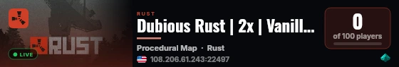 Dubious Rust | 2x | Vanilla+ | Monthly Wipe live status badge