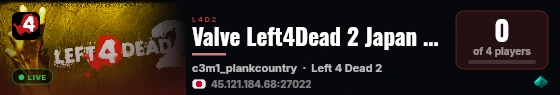 Valve Left4Dead 2 Japan Server (srcds1023-tyo3.144.8) live status badge