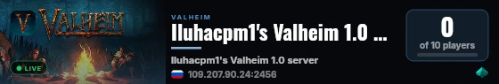 Iluhacpm1's Valheim 1.0 server live status badge