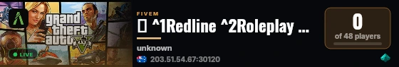 💥 ^1Redline ^2Roleplay 💥 ^7|🔥 ^3Serious ^4RP 🔥 ^9^7|^4🚓 ^5Active ^6PD ^7& ^8EMS 🚑 ^7| 🚘 ^9Custom ^2Cars ^7|🌿 ^3Gangs ^7& ^1Crime ^7| 🏢 ^4Player-Owned ^5Businesses ^7| live status badge