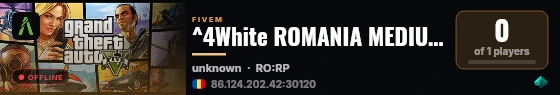 ^4White ROMANIA MEDIUM ROLEPLAY | STAFF FREE | MAFII FREE | ECONOMIE MEDIUM [$20.000.000] | dsc.gg/whitero live status badge