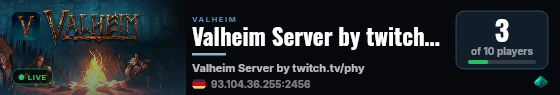 Valheim Server by twitch.tv/physicus1982 live status badge
