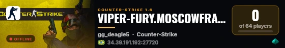 VIPER-FURY.MOSCOWFRAG.RU | ГОНКА ОРУЖИЯ | НОВЫМ ИГРОКАМ ДОБРО ПОЖАЛОВАТЬ live status badge