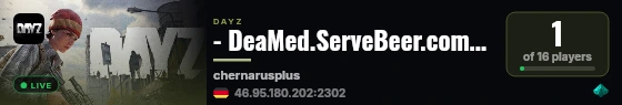 - DeaMed.ServeBeer.com:2302 | friendly PVE | Chernarusplus - live status badge