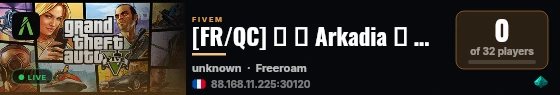 [FR/QC] ❮ ☄️ Arkadia ☄️ ❯ | 🌐 FREE-ACCESS 🌐 | 💵 20K DÉPART 💵 | 📲 CARTE SIM 📲 | 📦 DOUBLE JOBS 📦 | 🔊 DISCORD: NWQ5G5U | live status badge