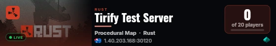 Tirify Test Server live status badge