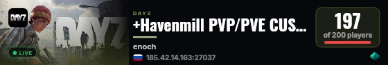 +Havenmill PVP/PVE CUSTOM BUILDING | Quests | Cars | Trader | 20x Loot live status badge