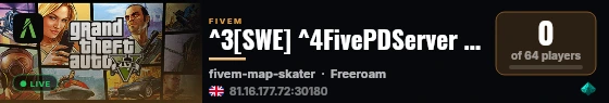 ^3[SWE] ^4FivePDServer ^7l ^4WHITELIST: Av ^7l ^4Toko-Voip ^7l ^4discord.gg/ZCAcQ3G live status badge