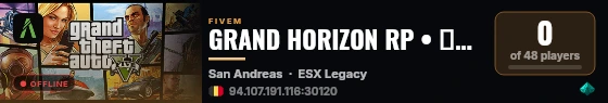 GRAND HORIZON RP • 🇫🇷 FRENCH RP • 🏙️ UNE NOUVELLE VILLE • 💼 JOBS & ENTREPRISES • 🚔 POLICE • 🚑 EMS • 🔧 MÉTIERS • 💰 ÉCONOMIE • 🎭 IMMERSION • 🌟 STAFF ACTIF live status badge