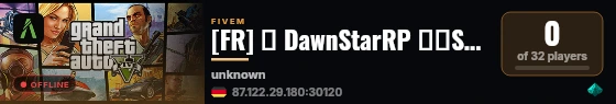 [FR] 🌎 DawnStarRP 🌎🛂SEMI-WHITELIST🛂 | 🇫🇷 🚓LSPD🚓 | 🚒EMS🚒 | | 🏢Entreprises🏢|Nombreuses drogues | 🎮Manette🎮 🇫🇷 live status badge