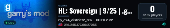 HL: Sovereign | 9/25 | .gg/TfyPjgVZ8q live status badge