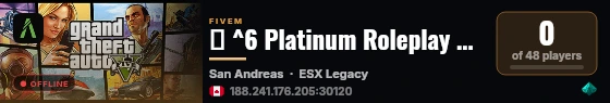 ✨ ^6 Platinum Roleplay ✨ ^9| 🔥 ^8Serious RP 🔥 ^9| 🚓 ^3Active PD & EMS 🚓 ^9| 🏤 ^5Player Owned Businesses 🏤 ^9| 🧭 ^6Active Staff Team 🧭 ^9| 🌿 ^2Active Drugs & Gangs 🌿 ^9| ❗ ^1Strictly 18+ ❗ live status badge