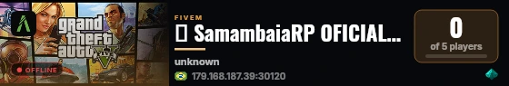 🔥 SamambaiaRP OFICIAL | ABERTO AGORA 🚨 | EVENTOS 24H 🕒 | RECOMPENSAS DIÁRIAS 💎 | EXPERIÊNCIA ÚNICA 😈 live status badge