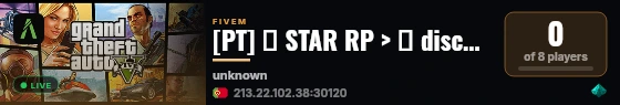 [PT] ⭐ STAR RP > 🔊 discord.gg/STARRP | 🤍Eleva o teu Nível! | 💙 Servidor Completo & Otimizado | 🧬Varias Empresas / Organizações >>  Servidor Optimizado live status badge