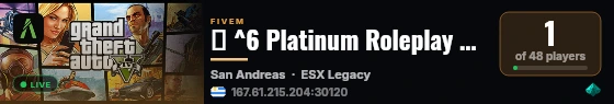 ✨ ^6 Platinum Roleplay ✨ ^9| 🔥 ^8Serious RP 🔥 ^9| 🚓 ^3Active PD & EMS 🚓 ^9| 🏤 ^5Player Owned Businesses 🏤 ^9| 🧭 ^6Active Staff Team 🧭 ^9| 🌿 ^2Active Drugs & Gangs 🌿 ^9| ❗ ^1Strictly 18+ ❗ live status badge