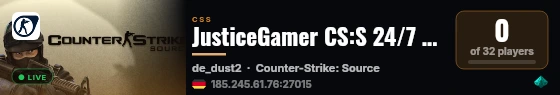 JusticeGamer CS:S 24/7 SSD Server live status badge