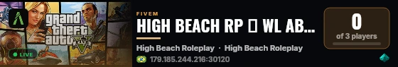 HIGH BEACH RP ➤ WL ABERTA | INAUGUROU HOJE | GANHE CARRO VIP GRATIS  SORTEIO DE VIP GRATIS TODO DIAS AS 20:00 live status badge