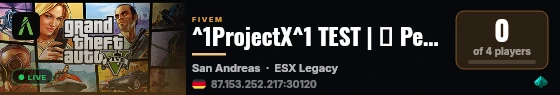 ^1ProjectX^1 TEST | 🔥 Performance 🔥 |  ❌ Keine Allowlist ❌  | | 🌿 Illegale/legale Routen 🍓 | 🔊 INGAMEVOICE 🔊  | Fraktionen Gesucht live status badge