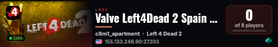 Valve Left4Dead 2 Spain Server (srcds1001-mad1.195.189) live status badge