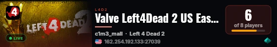Valve Left4Dead 2 US East Server (srcds1002-iad1.121.25) live status badge