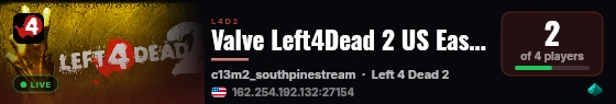 Valve Left4Dead 2 US East Server (srcds1001-iad1.121.140) live status badge