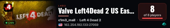 Valve Left4Dead 2 US East Server (srcds1002-iad1.121.45) live status badge