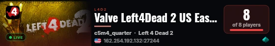 Valve Left4Dead 2 US East Server (srcds1001-iad1.121.230) live status badge