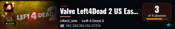 Valve Left4Dead 2 US East Server (srcds1001-iad1.121.196) live status badge