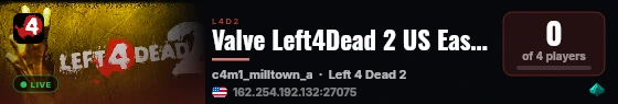 Valve Left4Dead 2 US East Server (srcds1001-iad1.121.61) live status badge