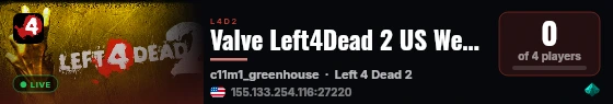 Valve Left4Dead 2 US West Server (srcds1001-eat1.117.206) live status badge